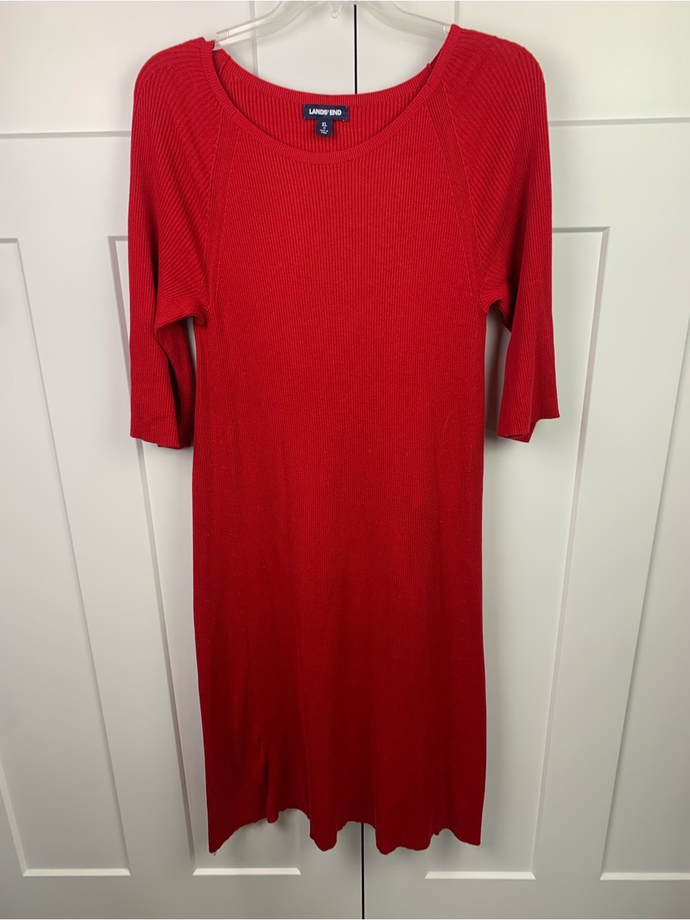 Lands End XL Ribbed Maxi Dress Red Flutter Bell Sleeve Work Date Night Holiday